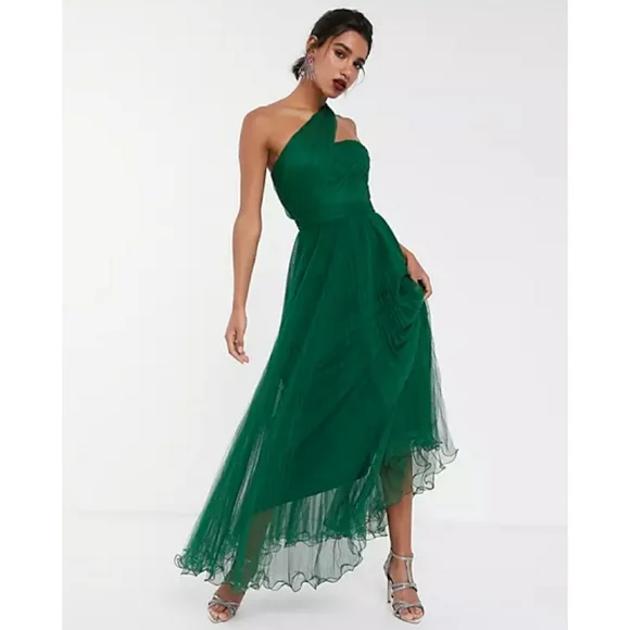 navy blue dress for baby girl ASOS DESIGN Tall asymmetric high neck minimal maxi dress in green main image 0